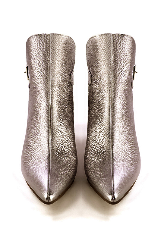 Bronze gold women's ankle boots with buckles at the back. Tapered toe. Medium spool heels. Top view - Florence KOOIJMAN